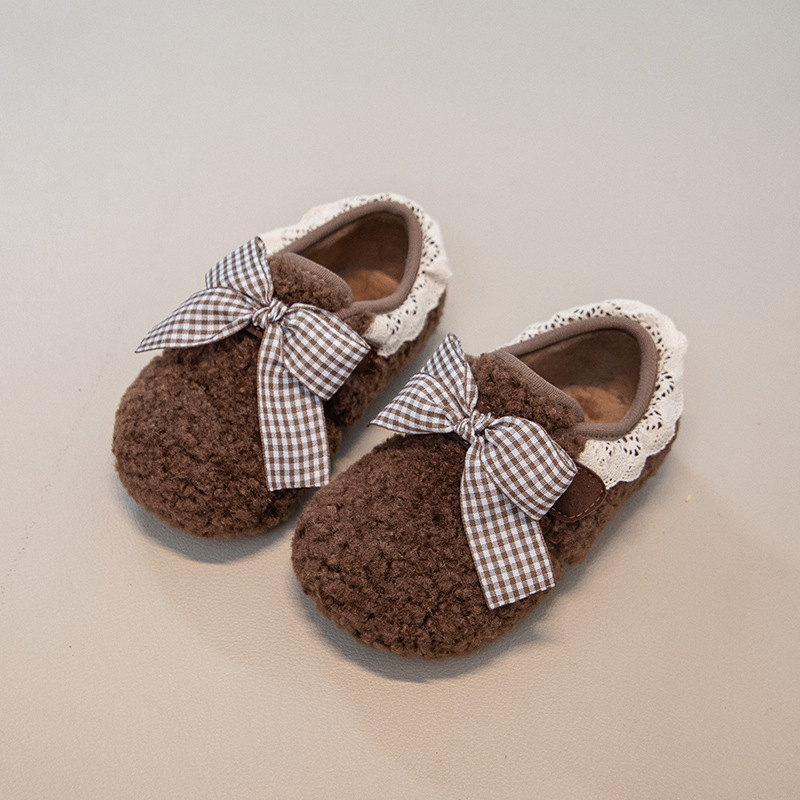 Loafers din pluș pentru copii iarna 2025: unisex, închidere Velcro, construcție groasă, talpă din cauciuc, stil coreean, toc mic, pentru copii 4–12 ani