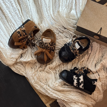 Gyerekeknek szóló pamut cipő leopárd mintával, Velcro-zárás, gumitalp, fleece bélés, vastagított téli modell, 2025