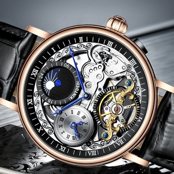 KINYUED muški sat s skeleton tourbillonom, automatski mehanizam, kožni kaiš, prozirna stražnja strana, vodootpornost 30M