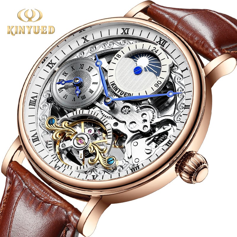 KINYUED muški sat s skeleton tourbillonom, automatski mehanizam, kožni kaiš, prozirna stražnja strana, vodootpornost 30M