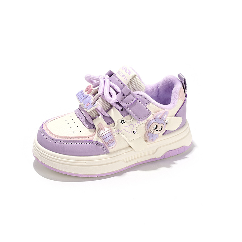 Pantofi sport de iarnă pentru fete, căptuți cu fleece, exterior din fibră super, închidere cu Velcro, talpă din cauciuc, model desen animat.