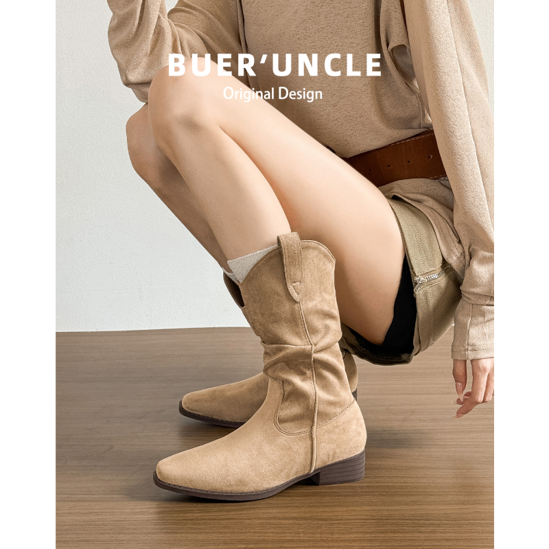 Γυναικείες μπότες ιπποτών από γνήσιο δέρμα με εσωτερική αύξηση ύψους, στρογγυλός μπροστινός, χοντρό τακούνι 6–8 εκ