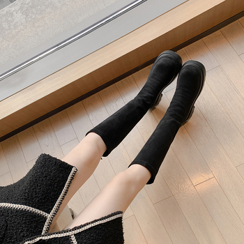 Μπότες ιπποτών πάνω από το γόνατο με επάνω μέρος από σουέντ, ψηλό σωλήνα, χοντρό τακούνι, εσωτερική επένδυση από γνήσιο δέρμα, φερμουάρ πίσω