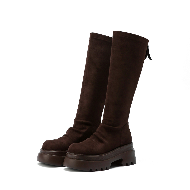 Μπότες ιπποτών πάνω από το γόνατο με επάνω μέρος από σουέντ, ψηλό σωλήνα, χοντρό τακούνι, εσωτερική επένδυση από γνήσιο δέρμα, φερμουάρ πίσω