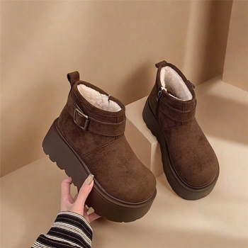 Γυναικείες μπότες χιονιού με πλατφόρμα και παχιά σόλα για ύψος, nubuk δέρμα βοδιού επάνω μέρος, καουτσούκ σόλα, τακούνι σε σχήμα wedge, μεσαίο ύψος shaft, επένδυση από συνθετική γούνα