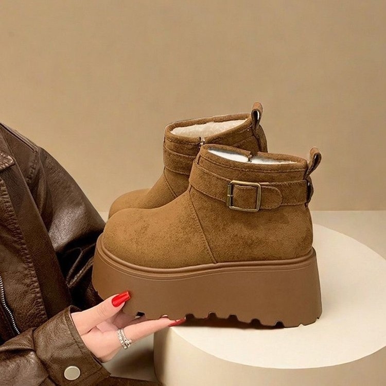 Γυναικείες μπότες χιονιού με πλατφόρμα και παχιά σόλα για ύψος, nubuk δέρμα βοδιού επάνω μέρος, καουτσούκ σόλα, τακούνι σε σχήμα wedge, μεσαίο ύψος shaft, επένδυση από συνθετική γούνα