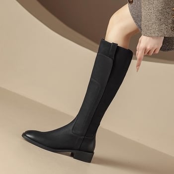 Γυναικείες μπότες ιπποτών από δέρμα βοδινού, υψηλός σωλήνας, φερμουάρ στα πλάγια, πάτος από φυσικό δέρμα, σόλα καουτσούκ