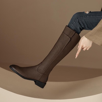 Γυναικείες μπότες ιπποτών από δέρμα βοδινού, υψηλός σωλήνας, φερμουάρ στα πλάγια, πάτος από φυσικό δέρμα, σόλα καουτσούκ