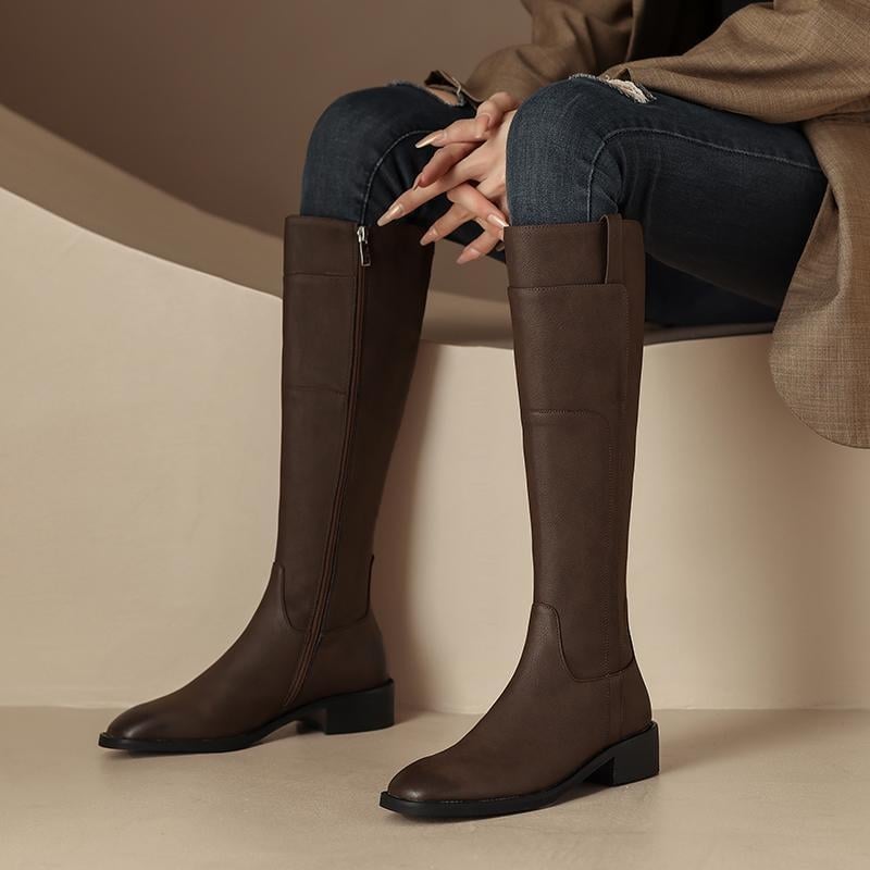 Γυναικείες μπότες ιπποτών από δέρμα βοδινού, υψηλός σωλήνας, φερμουάρ στα πλάγια, πάτος από φυσικό δέρμα, σόλα καουτσούκ