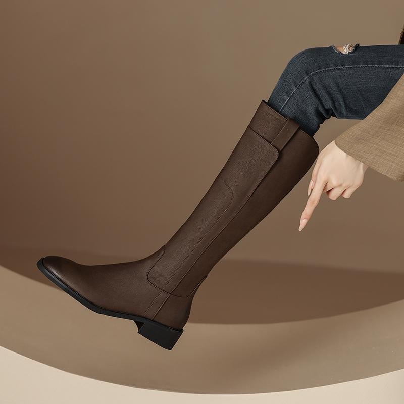 Γυναικείες μπότες ιπποτών από δέρμα βοδινού, υψηλός σωλήνας, φερμουάρ στα πλάγια, πάτος από φυσικό δέρμα, σόλα καουτσούκ