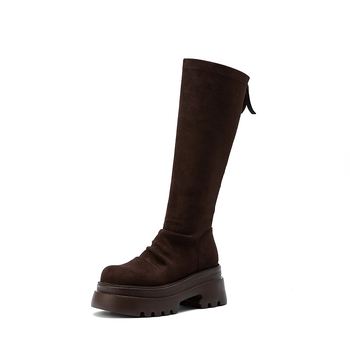 Rytierske čižmy z velúru, vysoký holenný diel, hrubý podpätok nad 8 cm, zapínanie vzadu na zips