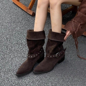 Női rövid csizma velúr felsővel, nyugati cowboy stílus, hegyes orr, vastag sarok