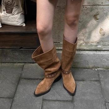 Női rövid csizma velúr felsővel, nyugati cowboy stílus, hegyes orr, vastag sarok
