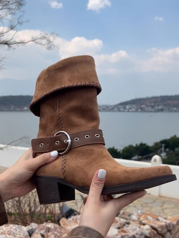 Női rövid csizma velúr felsővel, nyugati cowboy stílus, hegyes orr, vastag sarok