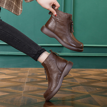 Botine Martin pentru femei, piele de prim strat, stil britanic, fermoar lateral, toc gros 3-5 cm, căptușeală interioară din lână pură.