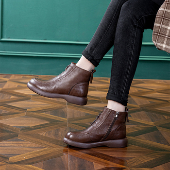 Botine Martin pentru femei, piele de prim strat, stil britanic, fermoar lateral, toc gros 3-5 cm, căptușeală interioară din lână pură.