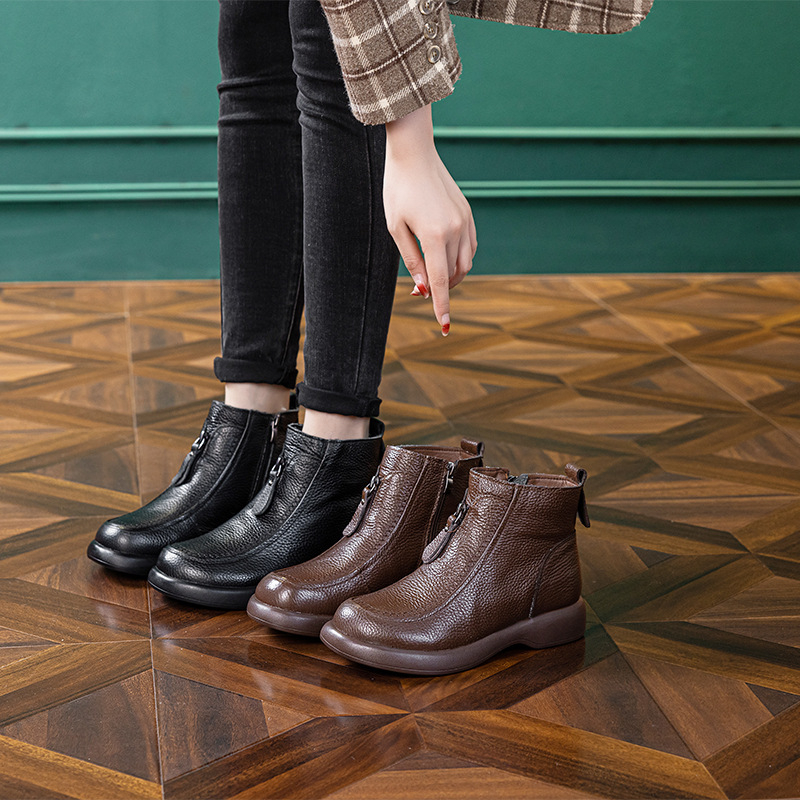 Botine Martin pentru femei, piele de prim strat, stil britanic, fermoar lateral, toc gros 3-5 cm, căptușeală interioară din lână pură.