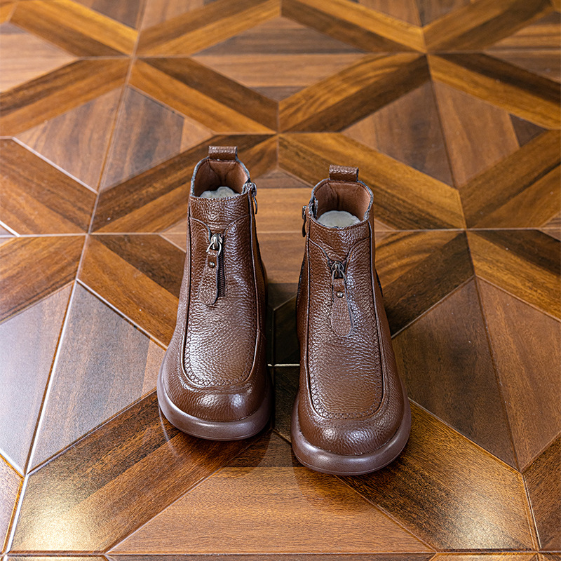 Botine Martin pentru femei, piele de prim strat, stil britanic, fermoar lateral, toc gros 3-5 cm, căptușeală interioară din lână pură.