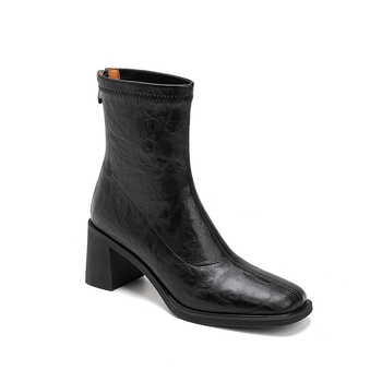 Dámske úzke čižmy z hovädzej kože, štvorcový nos, pevný vysoký podpätok 6–8 cm, zips