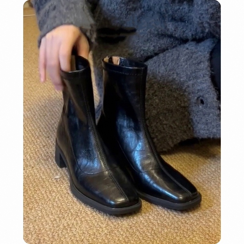 Dámske úzke čižmy z hovädzej kože, štvorcový nos, pevný vysoký podpätok 6–8 cm, zips