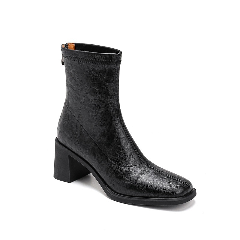 Dámske úzke čižmy z hovädzej kože, štvorcový nos, pevný vysoký podpätok 6–8 cm, zips