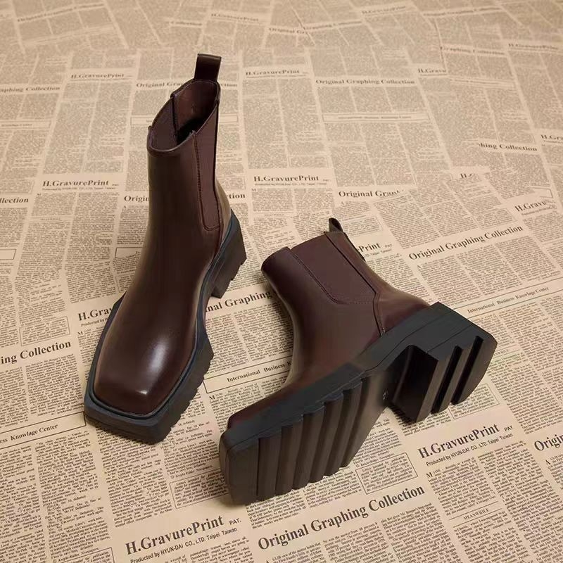 Ženske Martin čizme - Sintetička koža, Gumena potplata, Kvadratni vrh, Debeli potpetica 6–8 cm