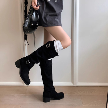 Vintage ženske čizme do koljena od nubuka, okrugla nosnica, debeli pet, vintage stil (Upper: Cow Suede; Toe: Round; Heel: Chunky; Shaft: High; Heel Height: 3–5 cm)
