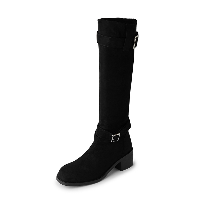 Vintage ženske čizme do koljena od nubuka, okrugla nosnica, debeli pet, vintage stil (Upper: Cow Suede; Toe: Round; Heel: Chunky; Shaft: High; Heel Height: 3–5 cm)