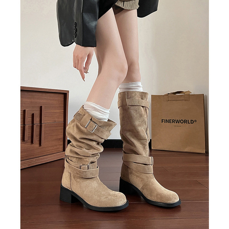 Vintage ženske čizme do koljena od nubuka, okrugla nosnica, debeli pet, vintage stil (Upper: Cow Suede; Toe: Round; Heel: Chunky; Shaft: High; Heel Height: 3–5 cm)