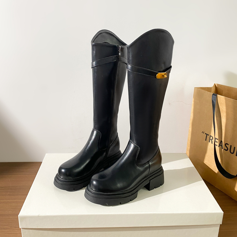 Botosei de damă fashion, cu gambă înaltă în stil cavaler — fermoar lateral, cataramă de închidere, talpă din cauciuc, partea superioară PU, toc mediu 3–5 cm