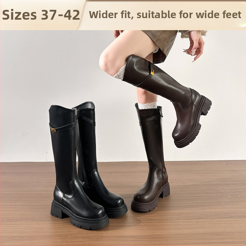 Rytířske čižmy do kolien s bočným zipsom, 3-5 cm hrubý podpätok, PU vrchná časť, gumová podrážka