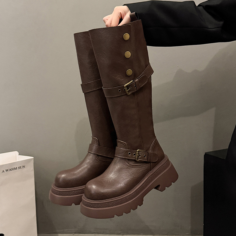 Ženske čizme viteškog stila do koljena, PU gornji dio, visok dio čizme, debeli pet 3–5 cm, gumeni potplat