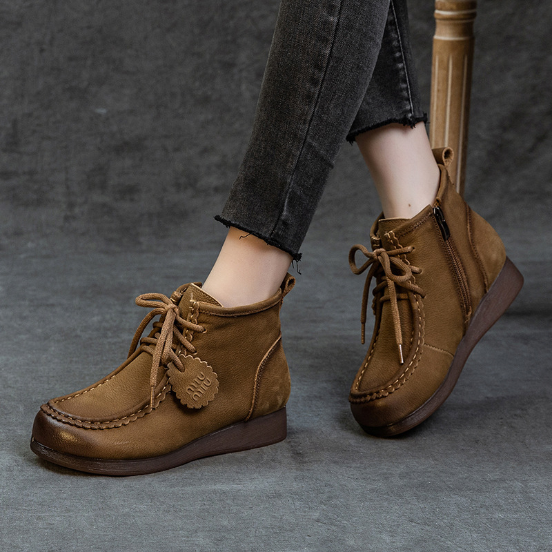 Ghete Martin pentru femei, piele naturală, croite manual, stil retro, gleznă scurtă, talpă antiaderentă, fermoar lateral