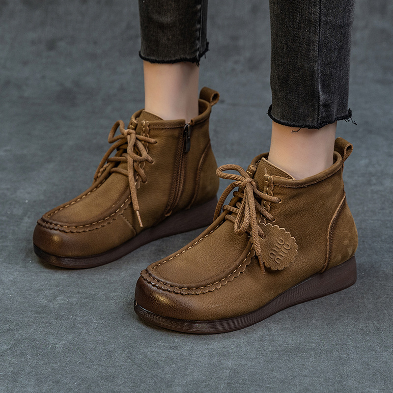 Ghete Martin pentru femei, piele naturală, croite manual, stil retro, gleznă scurtă, talpă antiaderentă, fermoar lateral