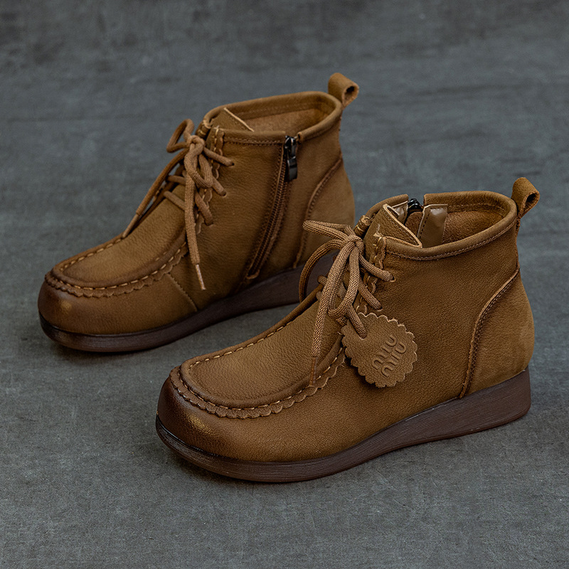 Ghete Martin pentru femei, piele naturală, croite manual, stil retro, gleznă scurtă, talpă antiaderentă, fermoar lateral