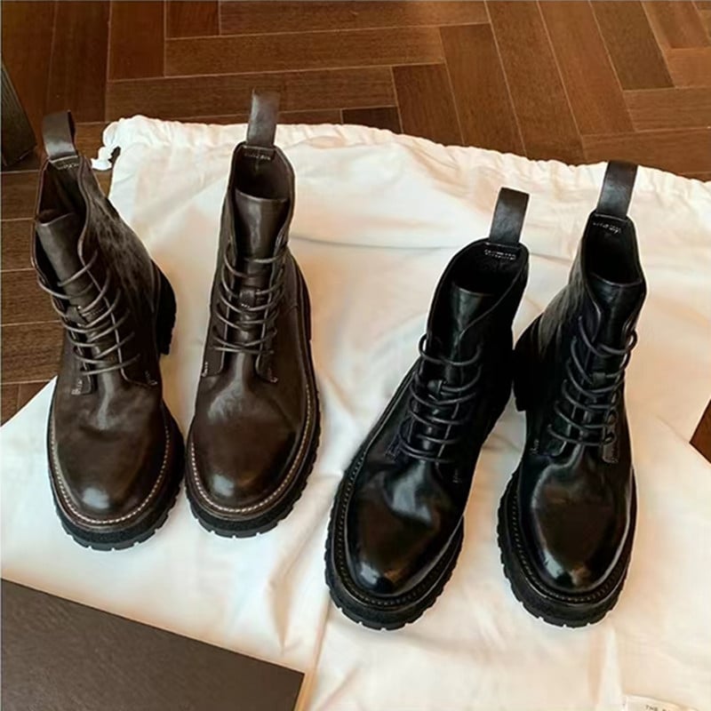 Ghete Martin pentru femei - stil britanic, vârf rotund, toc gros 3-5 cm, fermoar lateral, partea superioară din piele de vacă, talpă din cauciuc