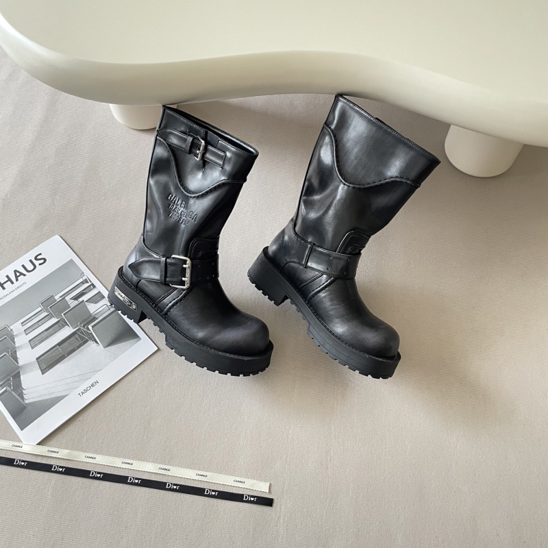 Ženske čizme Martin od prave kože, kvadratni vrh, debeli potpetica, srednja visina čizme, bočni zatvarač