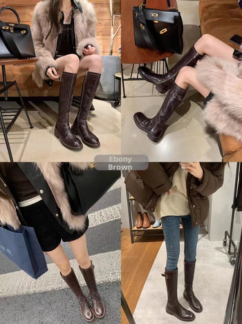 Cizme Knight până la genunchi, vârf rotund, toc gros 3–5 cm, manșon din piele de vițel în două straturi, talpă din cauciuc, căptușeală din piele cu fibre fine, fermoar pe spate