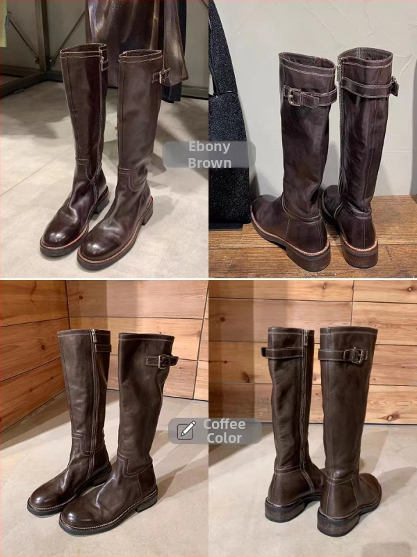 Cizme Knight până la genunchi, vârf rotund, toc gros 3–5 cm, manșon din piele de vițel în două straturi, talpă din cauciuc, căptușeală din piele cu fibre fine, fermoar pe spate