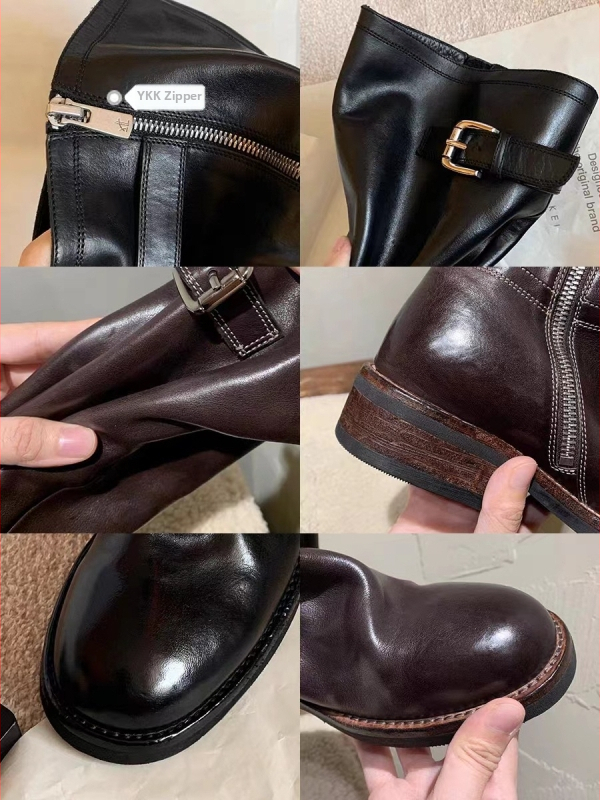 Cizme Knight până la genunchi, vârf rotund, toc gros 3–5 cm, manșon din piele de vițel în două straturi, talpă din cauciuc, căptușeală din piele cu fibre fine, fermoar pe spate