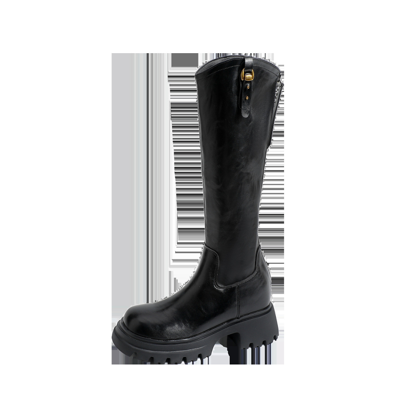 Cizme feminine tip cavaler, toc înalt și gros (6–8 cm), înălțime a gambelor mari, fermoar pe spate, talpă din cauciuc, căptușeală din microfibră