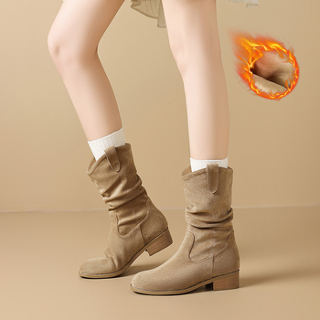 Cizme de damă Martin cu partea superioară din flanel, vârf rotund, toc mediu (3–5 cm), talpă TPU