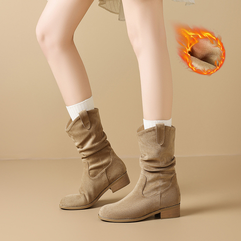 Cizme de damă Martin cu partea superioară din flanel, vârf rotund, toc mediu (3–5 cm), talpă TPU