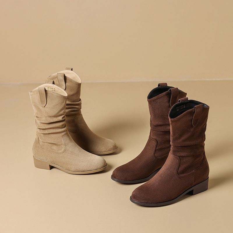 Cizme de damă Martin cu partea superioară din flanel, vârf rotund, toc mediu (3–5 cm), talpă TPU