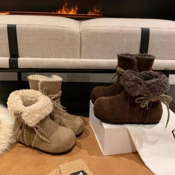 Ženske kratke čizme s unutarnjim povećanjem visine za zimu - nubuk gornji dio, gumeni potplat, uložak od umjetnog pliša, unutarnja obloga od umjetnog pliša, vezanje šnirama, okrugli vrh