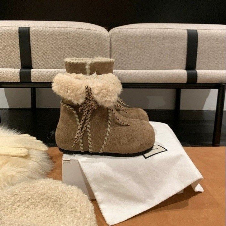 Ženske kratke čizme s unutarnjim povećanjem visine za zimu - nubuk gornji dio, gumeni potplat, uložak od umjetnog pliša, unutarnja obloga od umjetnog pliša, vezanje šnirama, okrugli vrh