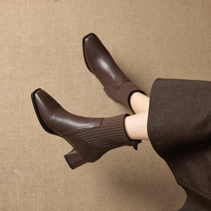 Ženske čarape čizme: kvadratni vrh, debeli potpetica 3–5 cm, gornji dio od split kože, stražnji zatvarač, gumeni đon