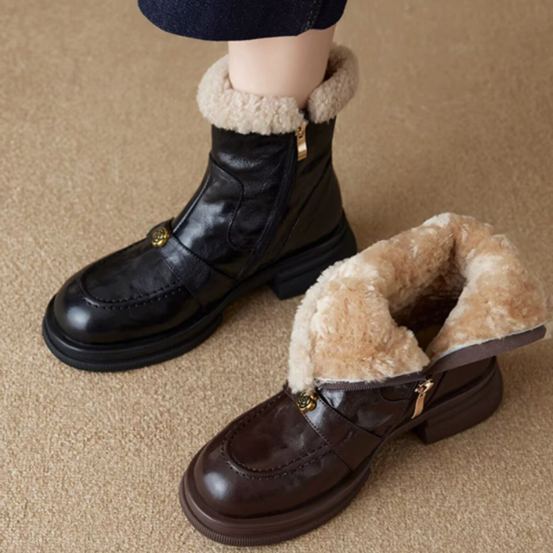 Ženske Martin čizme s fleece podstavom, britkog stila, debeli pet, bočni zatvarač, zimske