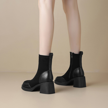 Ženske velur čizme – (kvadratni vrh, 6–8 cm debela potpetica, bočni zip, niski kroj, vodootporne)