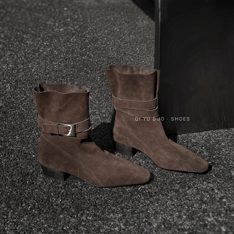 Ženske modne čizme u retro stilu, kvadratni nos, debeli pet 3-5 cm, PU gornji dio